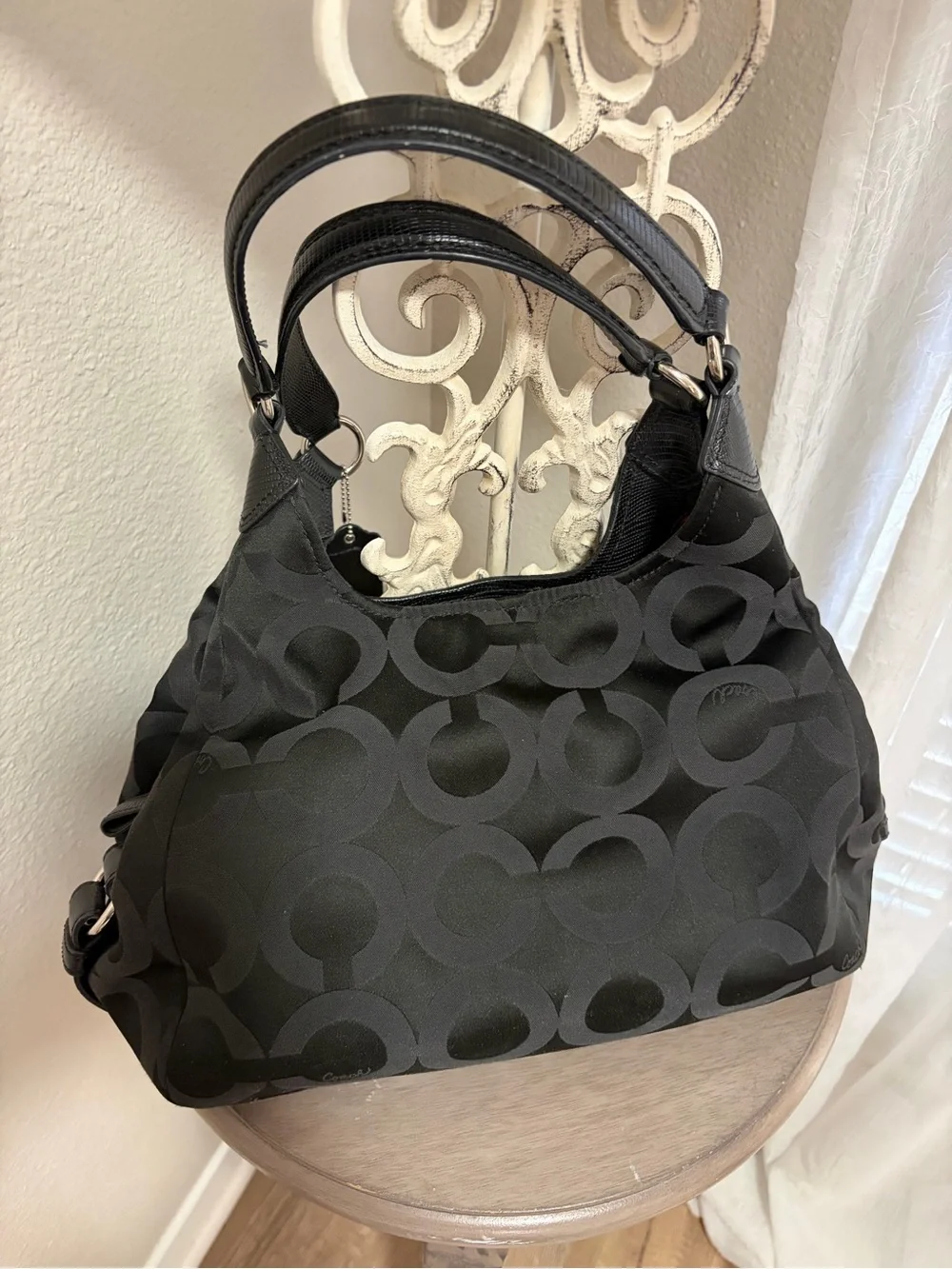Coach Black Signature Logo Hobo Bag with Silver Hardware
